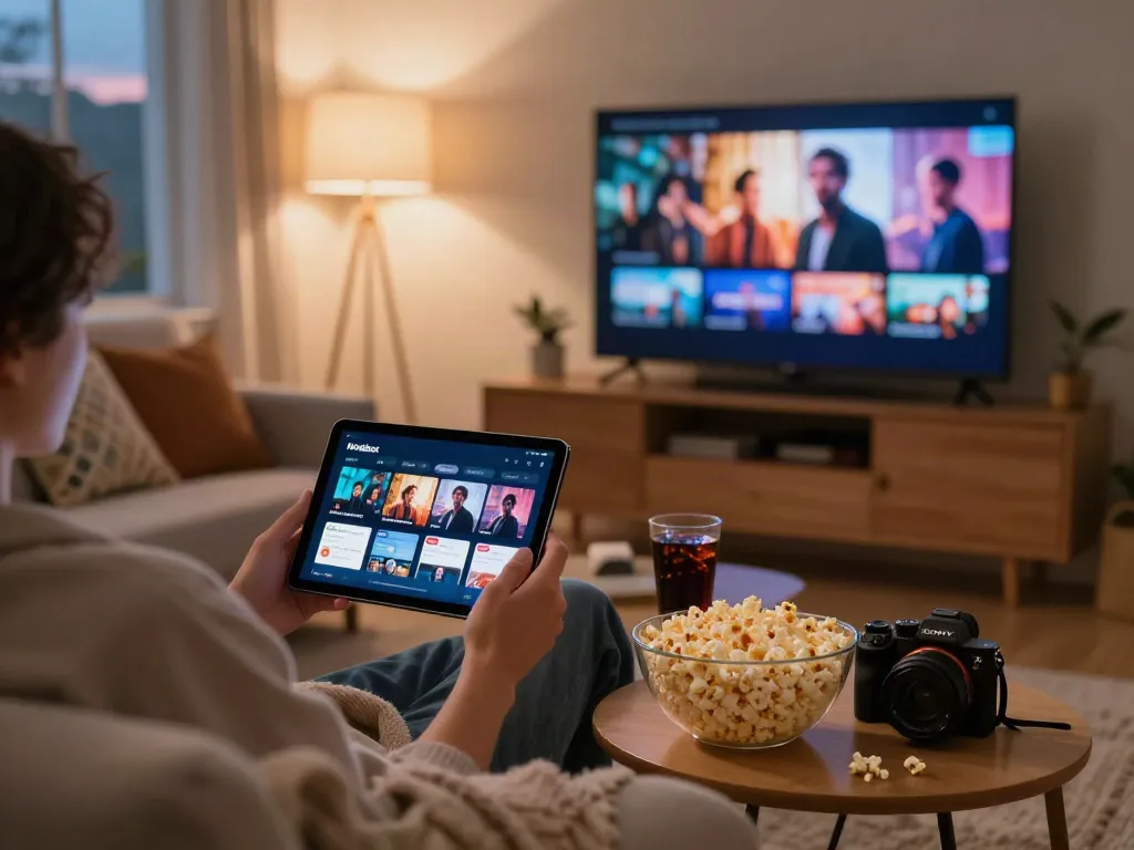 Person enjoying Moviebox app download experience at home with cozy setting.