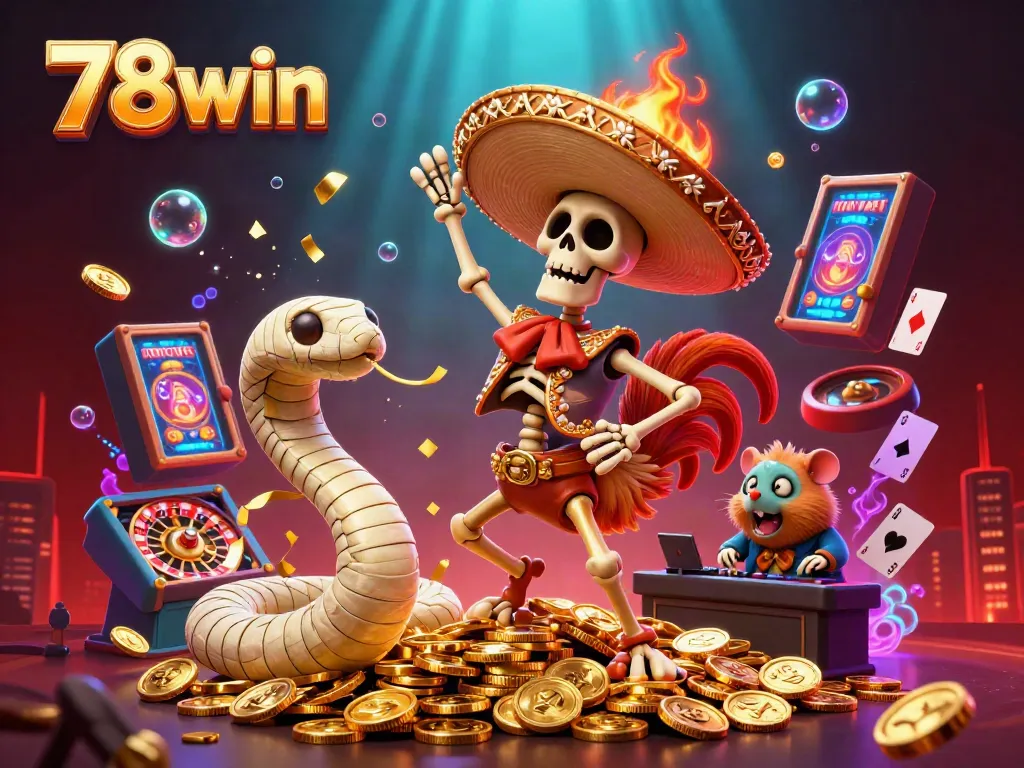 Engage in thrilling gambling with 78win as a festive mariachi rooster dances among jackpots and vibrant casino elements.