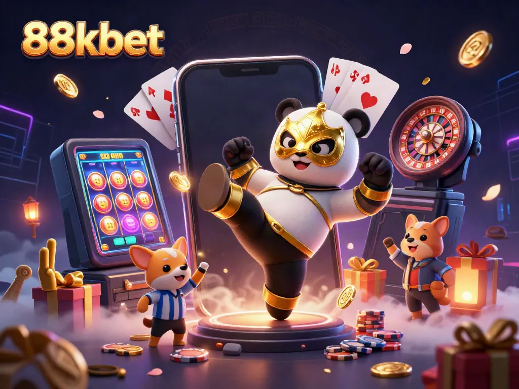 Experience thrilling 88kbet gaming with a panda wrestler and slot games in a vibrant casino scene.