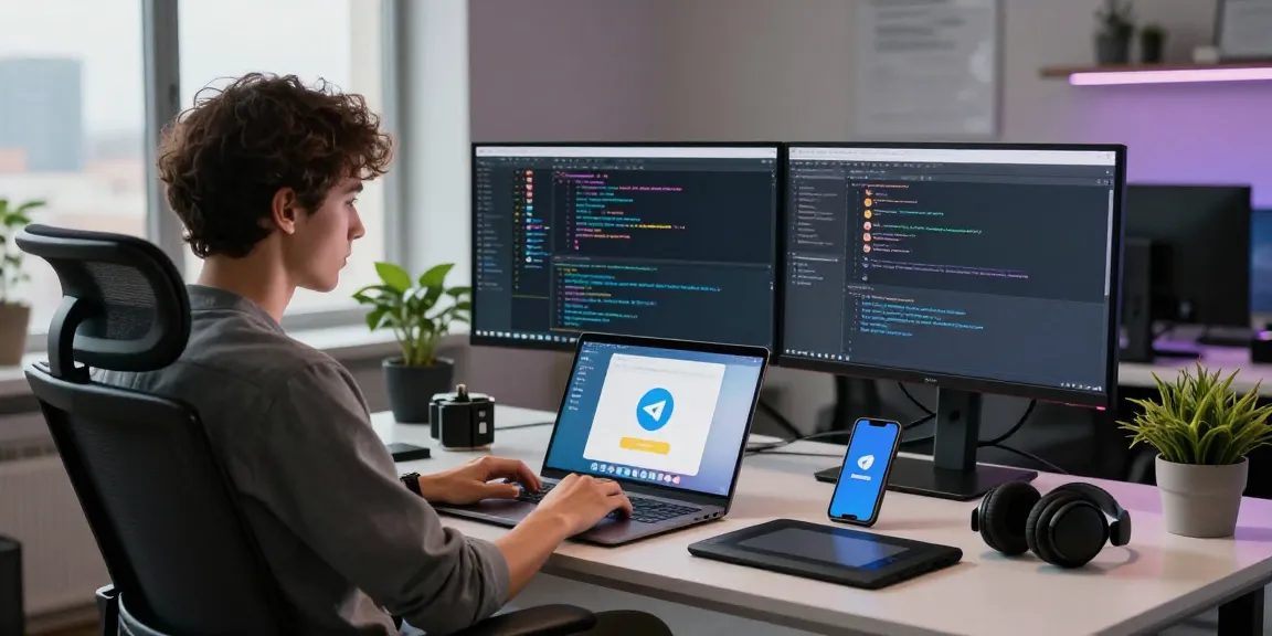 User seamlessly utilizing the Telegram Web Version on a laptop in a modern tech workspace.