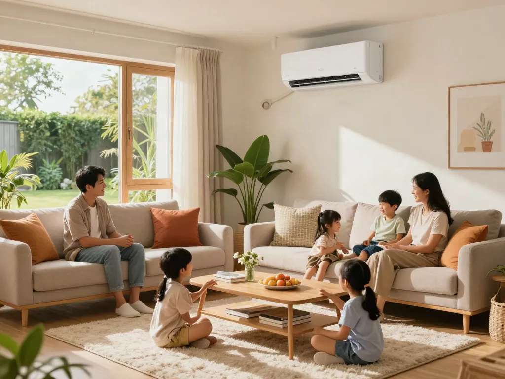 Ductless air conditioner providing cool comfort in a bright family living room during sunny afternoon.