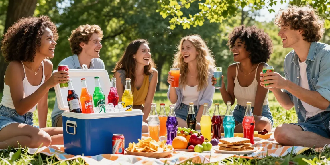 Savoring a refreshing soda drink at a lively summer picnic with friends.