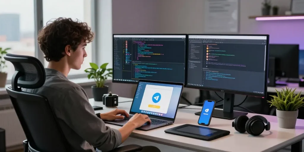 User seamlessly utilizing the Telegram Web Version on a laptop in a modern tech workspace.
