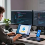 User seamlessly utilizing the Telegram Web Version on a laptop in a modern tech workspace.