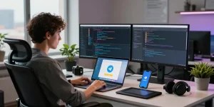User seamlessly utilizing the Telegram Web Version on a laptop in a modern tech workspace.