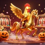 Experience the vibrant atmosphere of online casino Australia with a golden rooster in a fantastical casino setting.